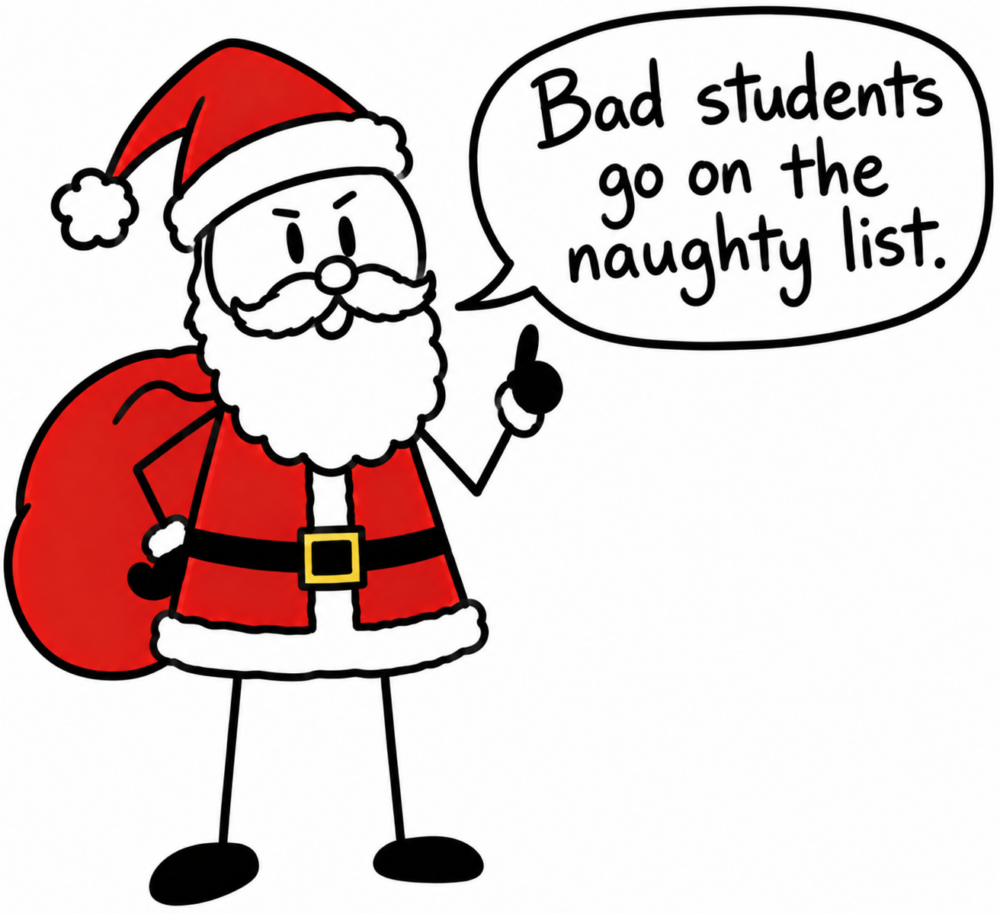 stick figure Santa saying, "bad students go on the naughty list"