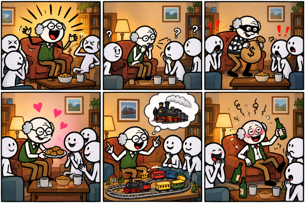A comic strip of a grandpa who is at first too loud, then too quiet, then bad (a criminal), then very sweet, then passionate about trains, and finally drunk